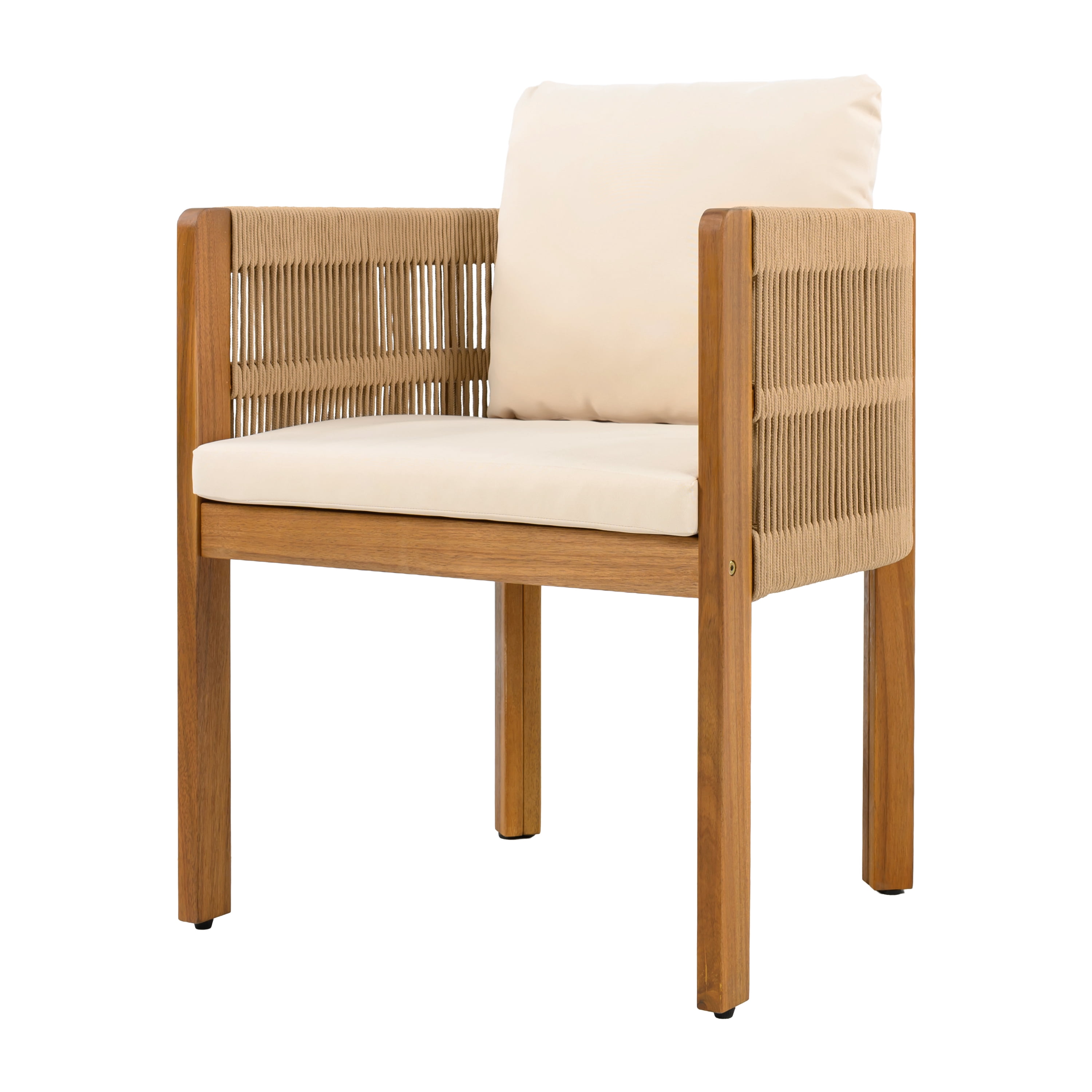 Acacia Wood Outdoor Dining Chairs Set of 2 with Brown Rope Handles Washable Waterproof Beige Cushions, Teak
