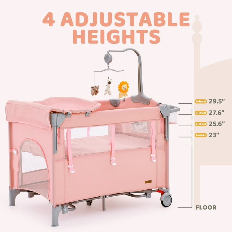 HARPPA 5 in 1 Portable Playard and Bassinet for Girl from Newborn to Toddler, Easy Folding, Pink