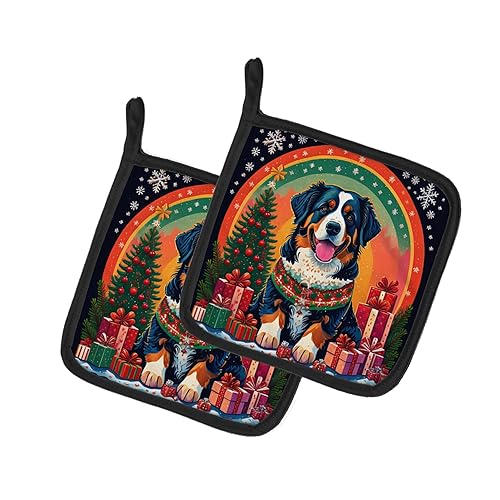 Bernese Mountain Dog Christmas Pair of Pot Holders 7.5 in x 7.5 in