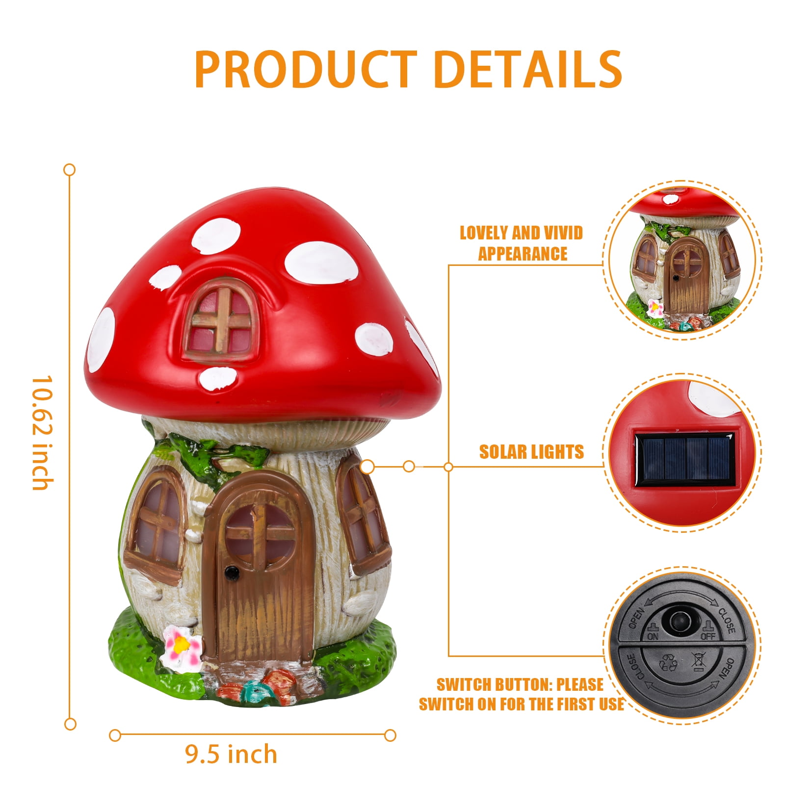 Outdoor Statue,Solar Mushroom Fairy House Garden Statue with LED Lights, Whimsical Outdoor Decorative Statue for Patio, Yard, Lawn,Garden Decoration