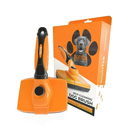 UPC: 0850007686901 | Mighty Paw Dog Grooming Brush Durable Self-Cleaning Pet Brush. 100% Stainless Steel Soft Bent Bristles. Great For Removing Hair Mats & Tangles.