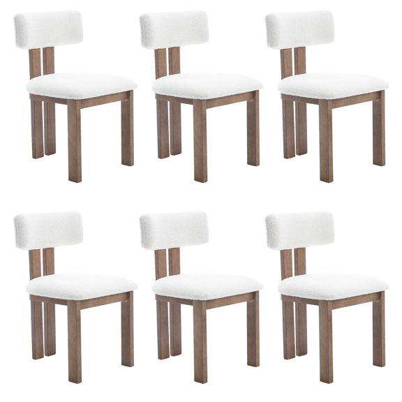 Guyou Wooden Dining Chairs Set of 6, Mid Century Modern Sherpa Upholstered Dining Side Chairs, Farmhouse Kitchen Chairs with Curved Back for Kitchen Dining Room Living Room, White