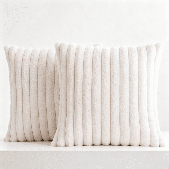 Pack of 2 Throw Pillow Covers 18x18 Inch, Cream White | Plush Striped Couch Pillow Cover, Home Decorative Throw Pillow for Sofa Living Room Couch Bed