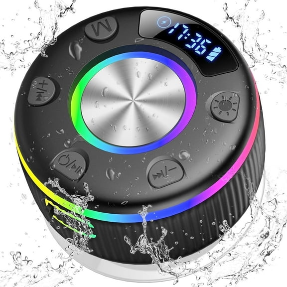 Bluetooth Shower Speaker, Portable Bluetooth 5.3 Speakers Wireless with Time Display, IP7 Waterproof, RGB Lights, Suction Cup, Mini Speaker for Bathroom Party Outdoor, Black