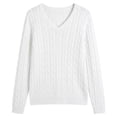 thumbnail image 3 of QUALFORT Women's 100% Cotton V-Neck Cable Knit Sweater, Lightweight Long Sleeve Pullover Sweater for Women, White XL, 3 of 9
