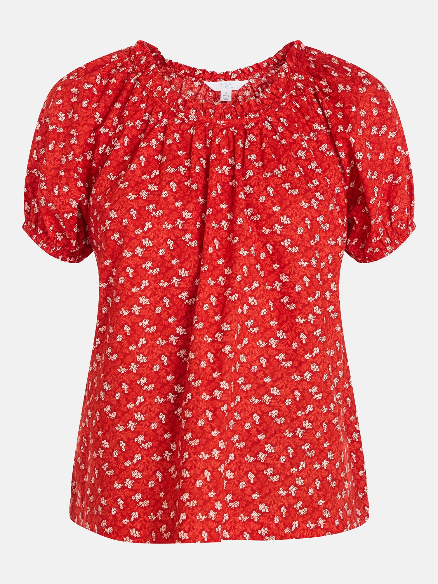 Time and Tru Women's Ruffle Neck Cotton Top with Short Puff Sleeves, Sizes XS-XXXL