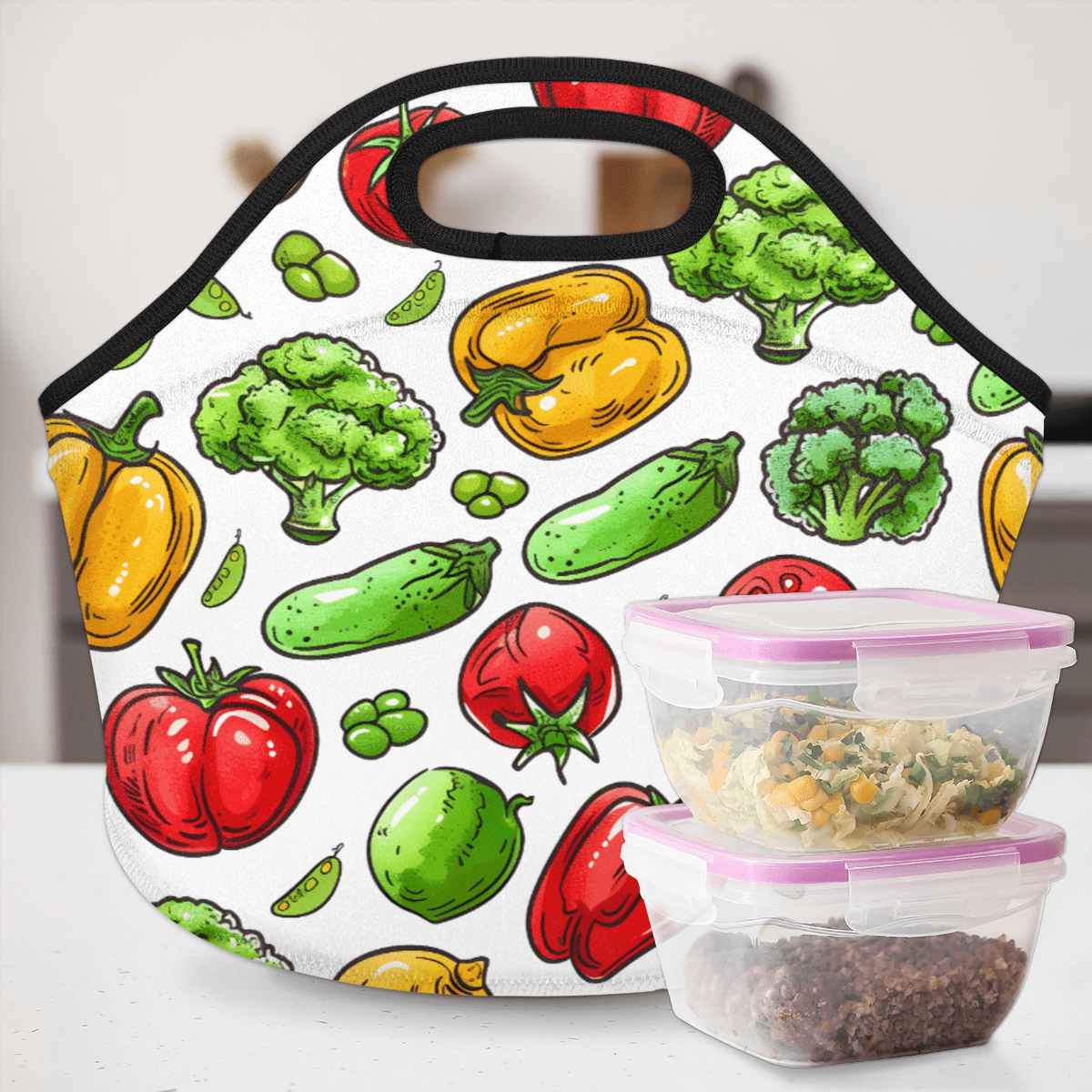 Herdesigns Colorful Neoprene Lunch Bag, Vegetable Print Insulated Lunch Box for Women Men Washable Lunch Tote Soft Lunch Container With Zipper for Work Picnic Travel