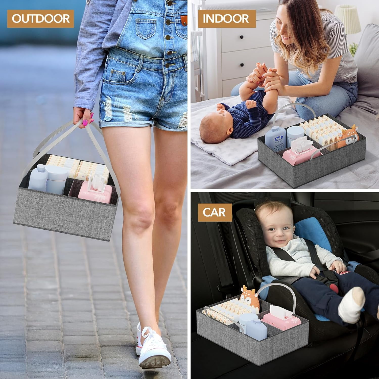 3in1 Diaper Caddy Organizer - Diaper Caddy & Rolling Diaper Cart with Kids Clothing Rack for Nursery and Baby Essentials, Multi-Function Utility Cart for Bedroom and Bathroom, Black&Brown