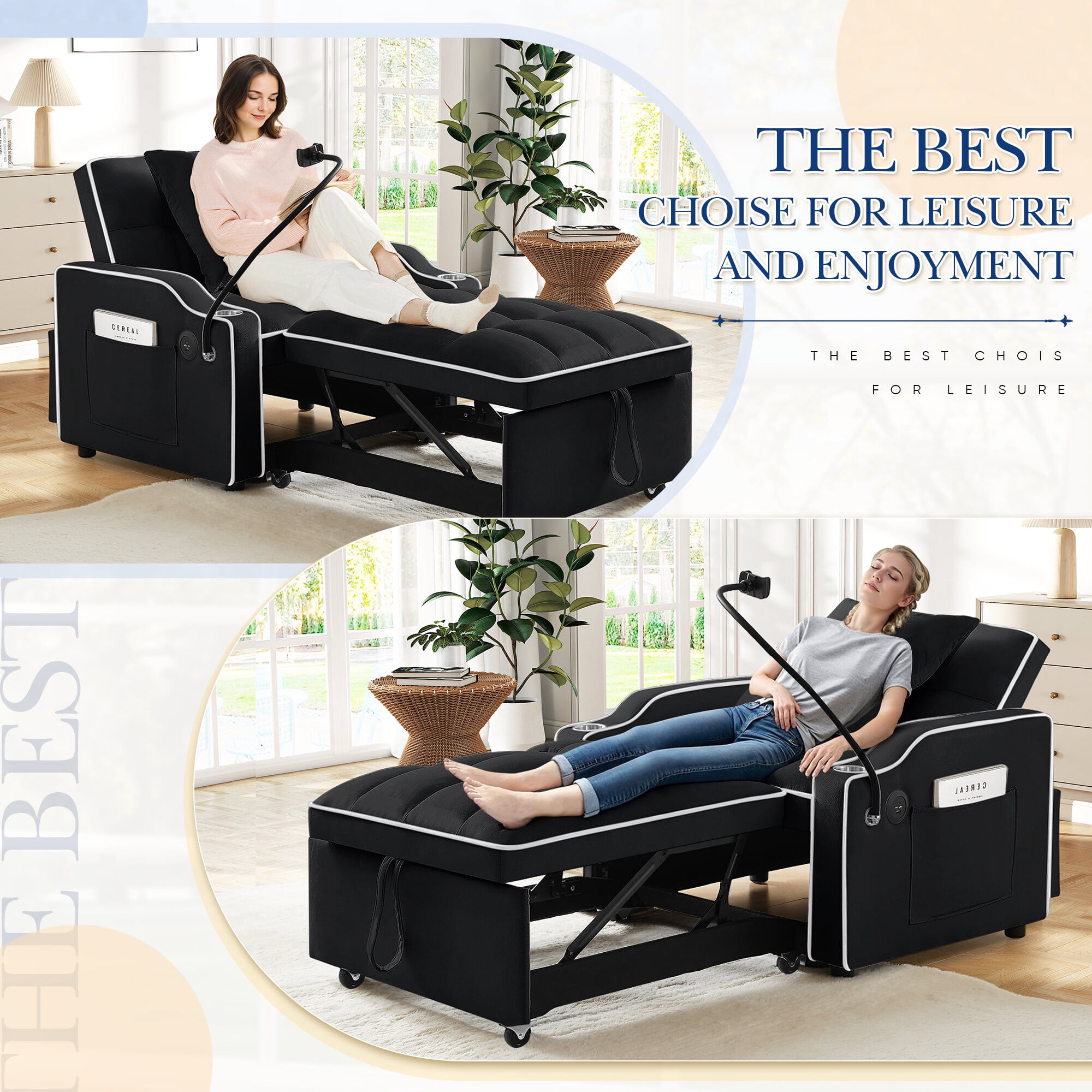 Lunale 4-in-1 Convertible Sleeper Chair Bed with Charge Ports & Phone Stand, Black Velvet