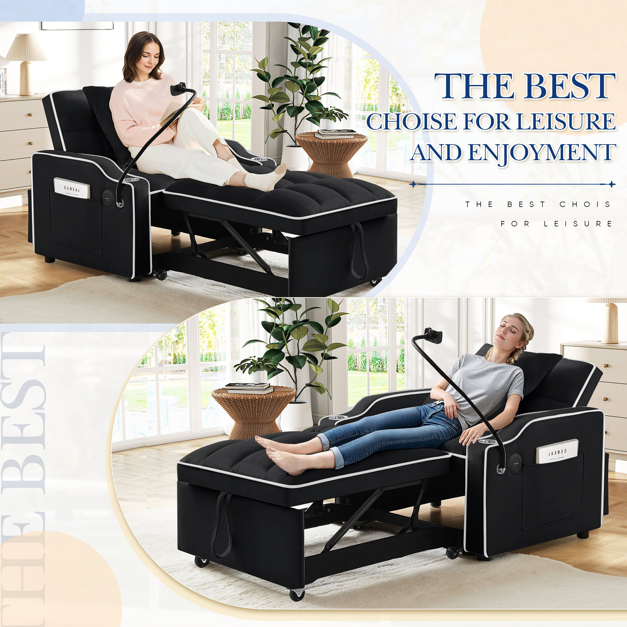 Lunale 4-in-1 Convertible Sleeper Chair, Black Velvet photo 4