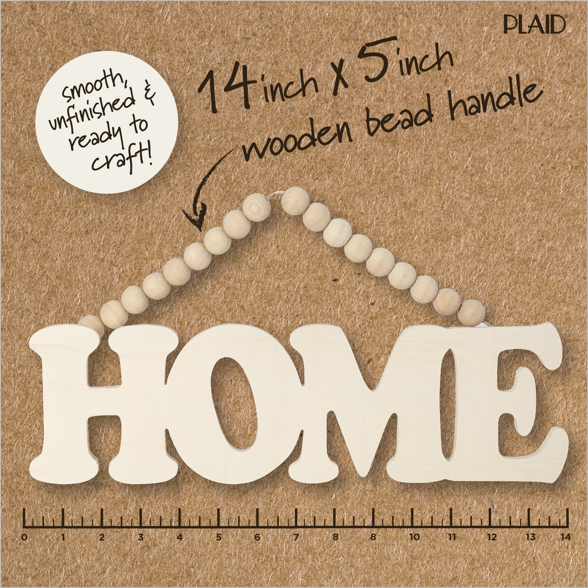 Plaid Unpainted Wood Surface Sign with Beaded Handle, Home, 14" x 4.5"