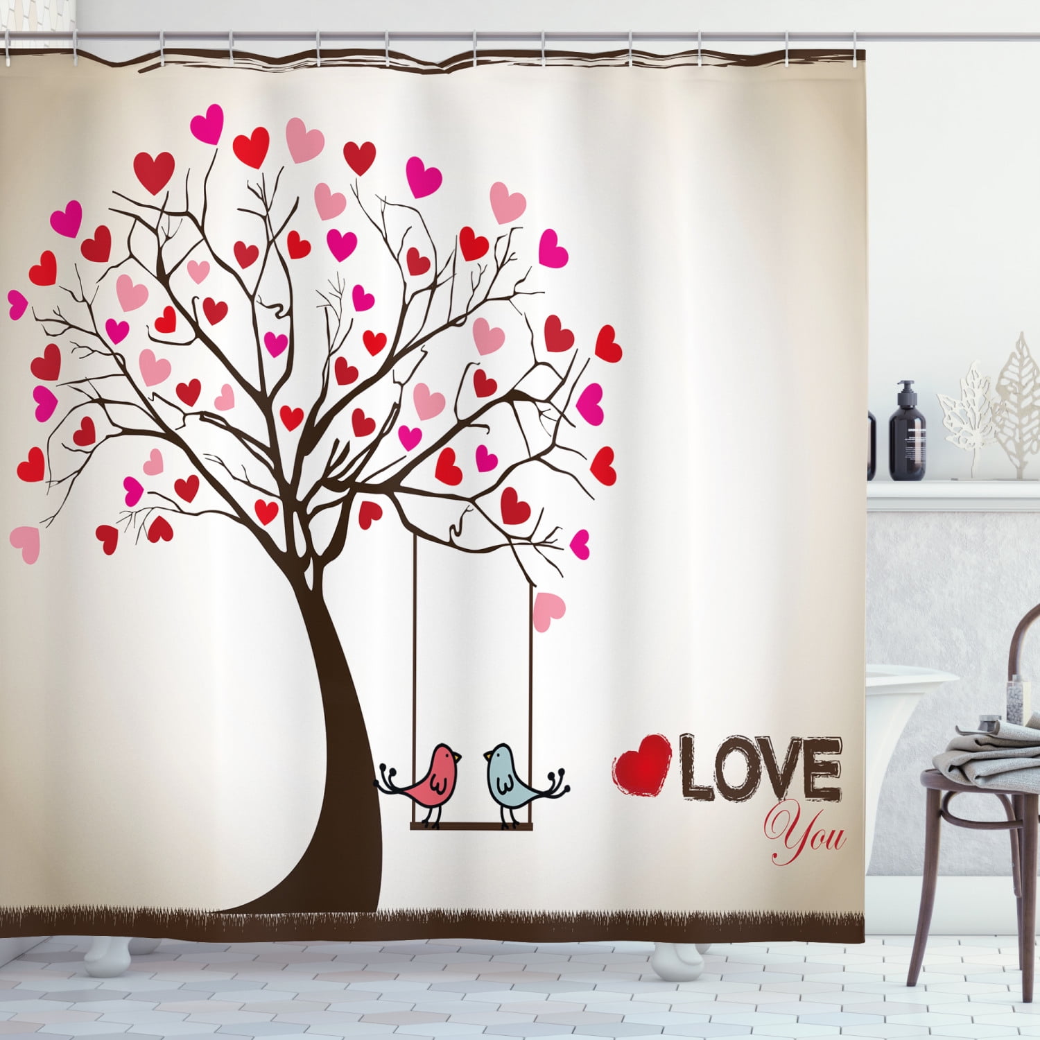 Tree of Life Decor Shower Curtain Set Valentine Polyester Bath Curtains 12 Hooks 