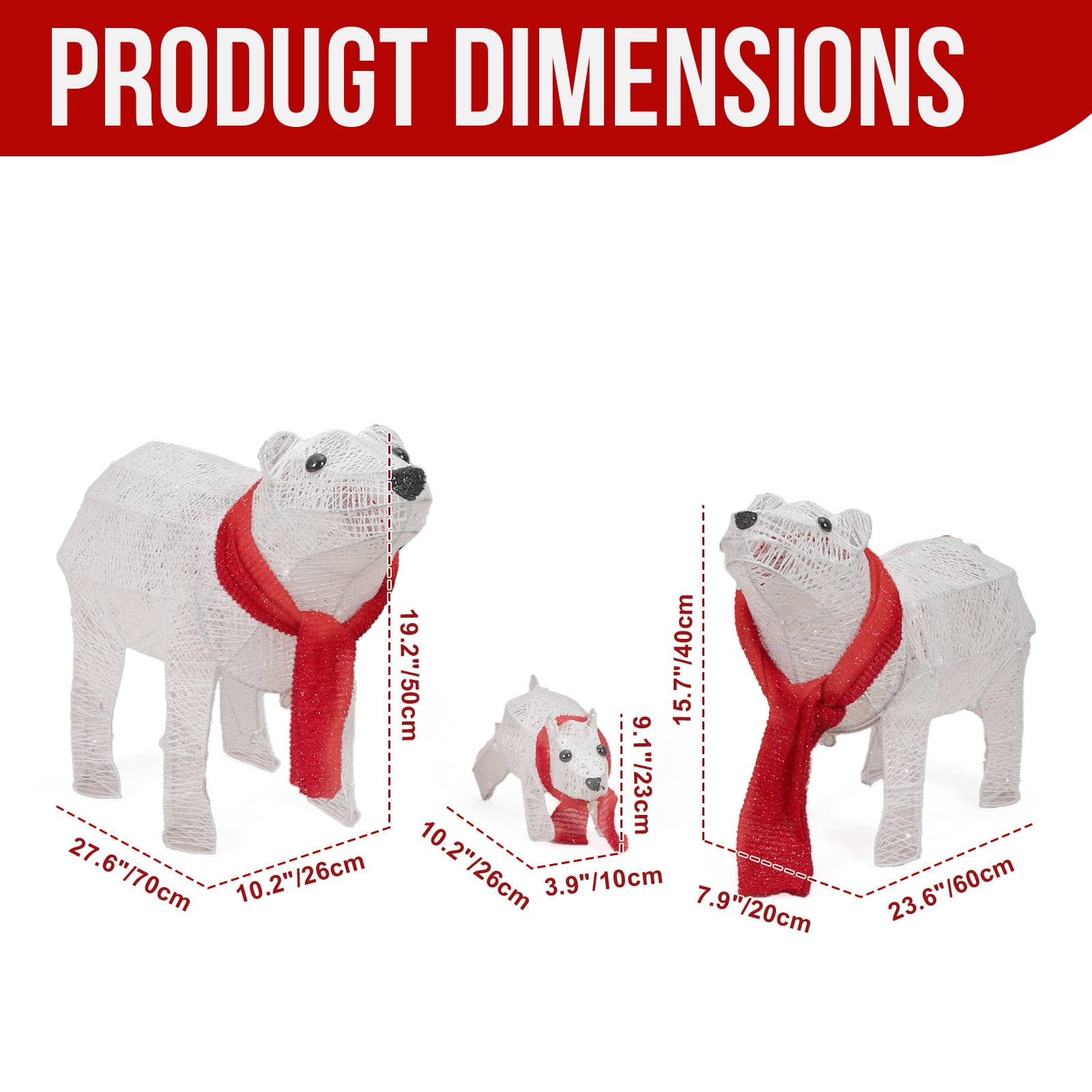 Astoutdoor Set of 3 Lighted Polar Bear Family Christmas Decorations, Pre-lit with 190 Warm White LED Lights, Indoor Outdoor Holiday Display