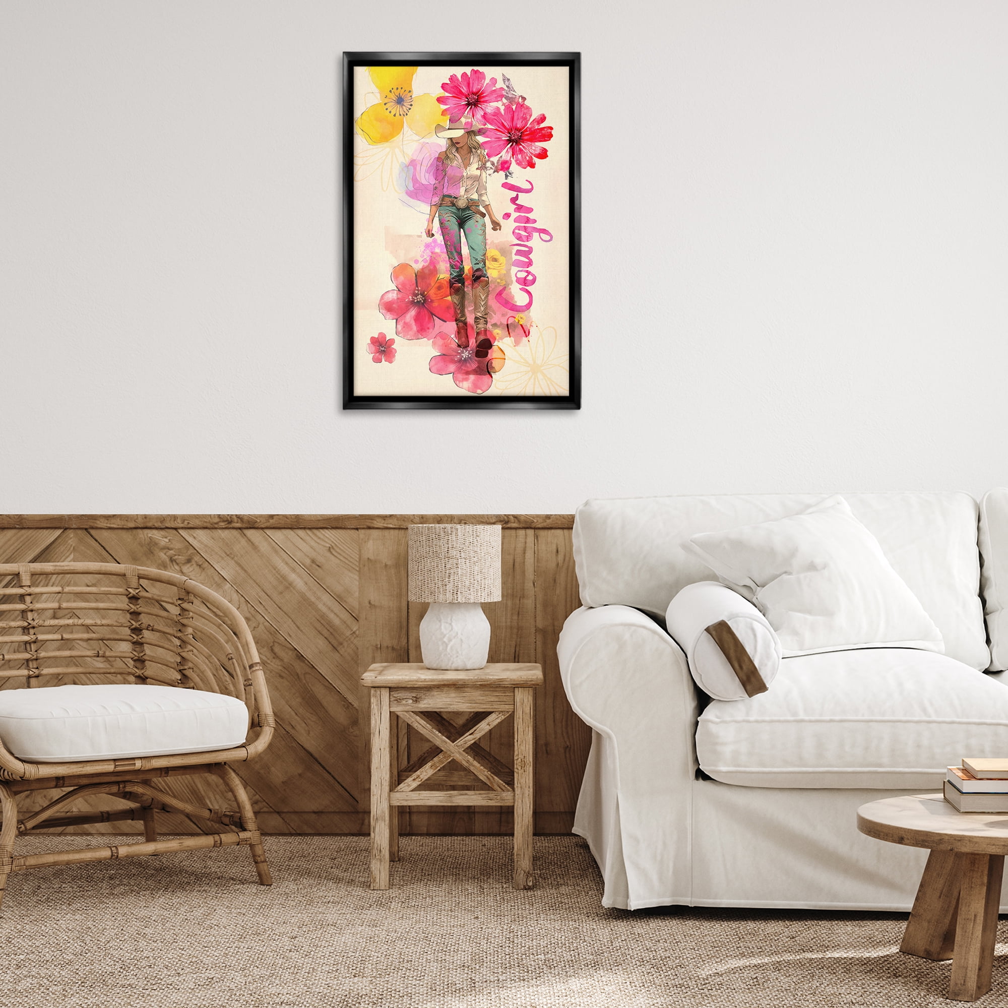 Stupell Industries Fancy Floral Cowgirl People Painting Black Floater Framed Canvas Art Print Wall Art, 21 x 31