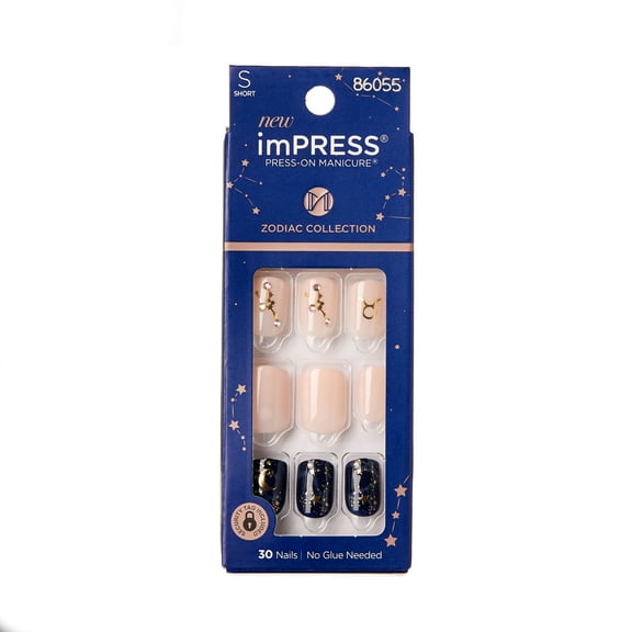 KISS imPRESS No Glue Needed Press On Nails, Design Zodiac, Taurus, Multicolor, Short Squoval, 30 Count