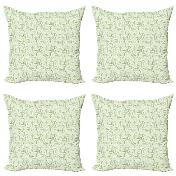 Ambesonne Botanical Throw Pillow Cover 4 Pack, Exotic Plants Leaf Doodle, 24", Off White Fern Green