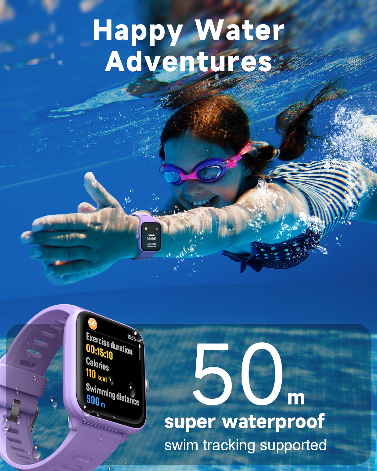 BIGGERFIVE Kids Smart Watch, 1.5''HD Touchscreen Fitness Tracker for Girls Boys, 5ATM Waterproof, Lilac