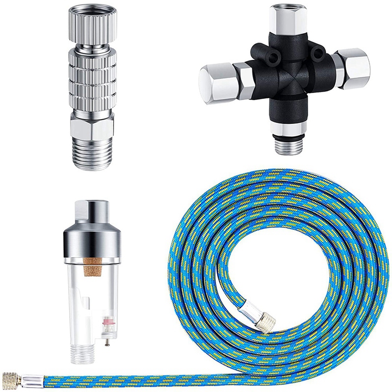 4Pcs Adapter Set, 6 Ft Braided Air Hose, 3 Way Air Hose Splitter Manifold Adjustment Coupler