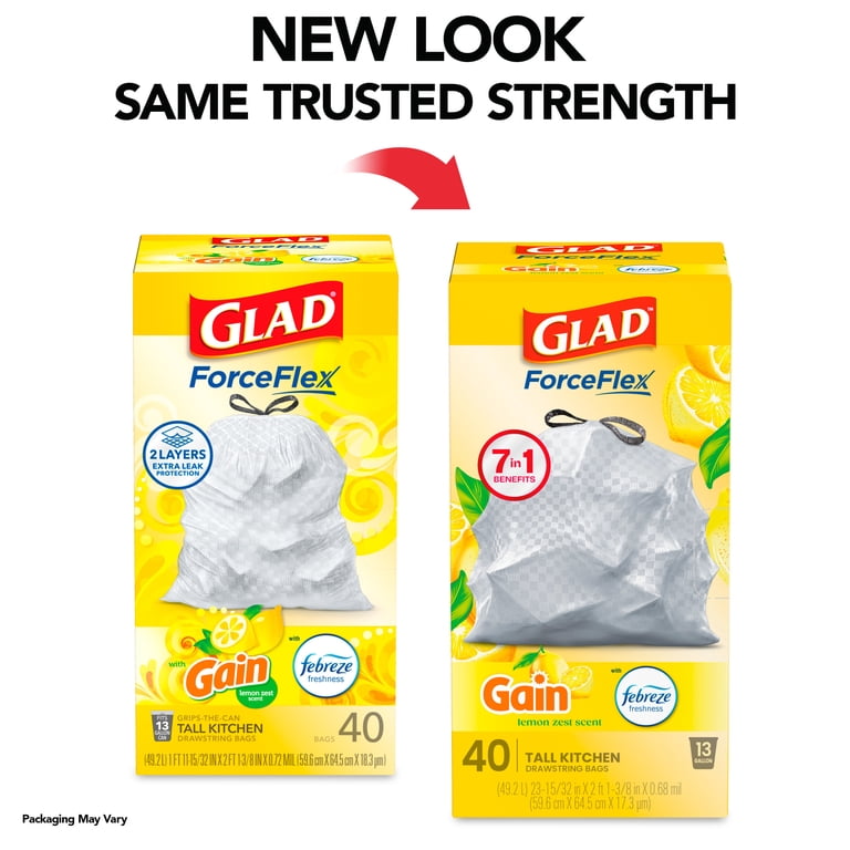 Glad OdorShield 13 Gallon Trash Bags - Febreze Lemon Scent - Leak