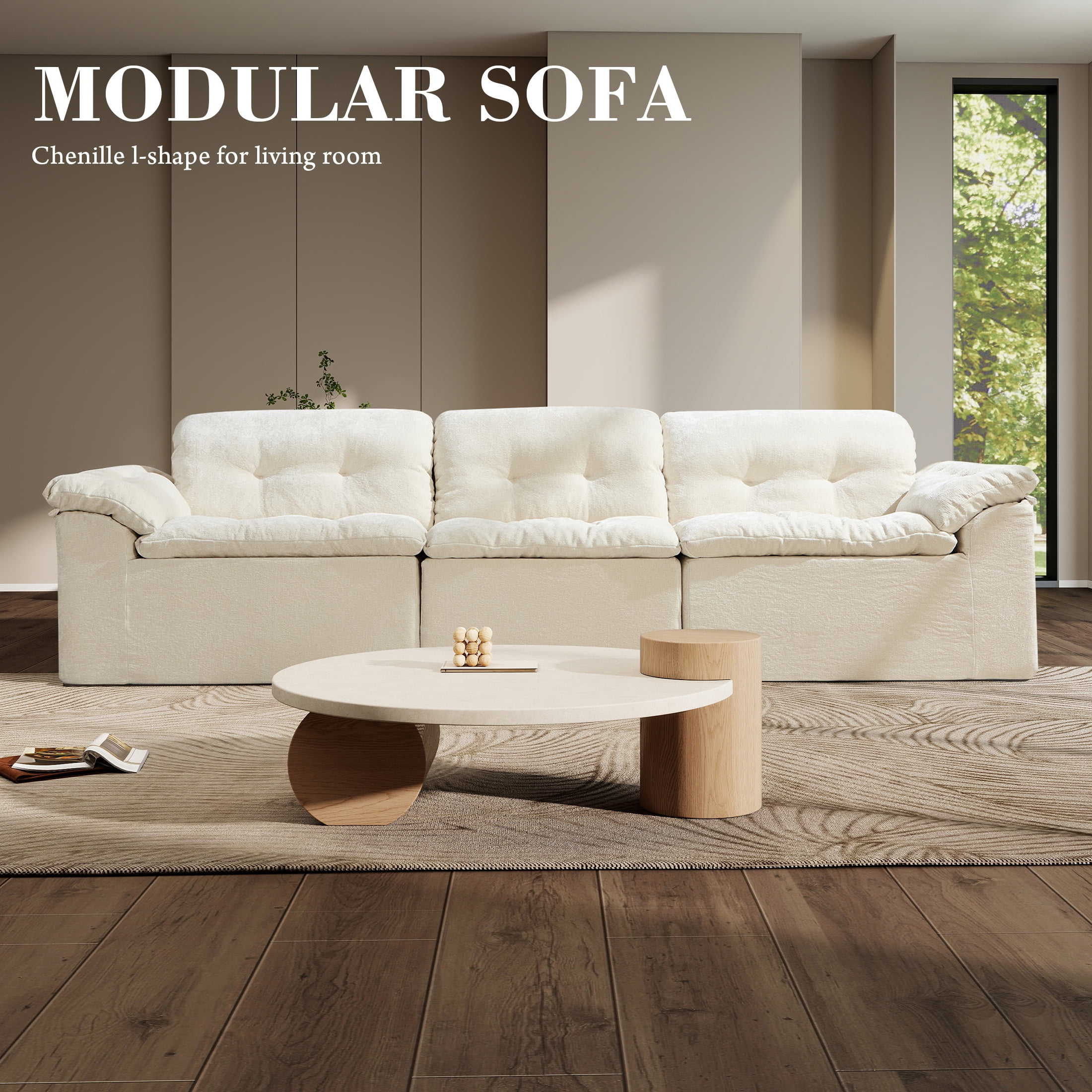 Aukfa 3-Piece Cloud Modular Sectional Sofa for Living Room, Ice Flower Chenille, White