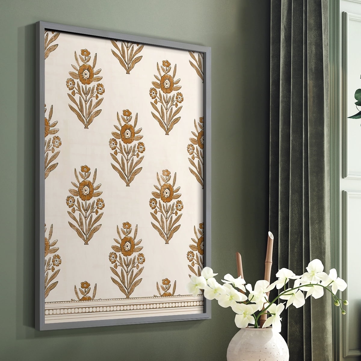 Block Print Blooms II Framed Print in Gray Solid Wood Framed Print No Nail Hanging