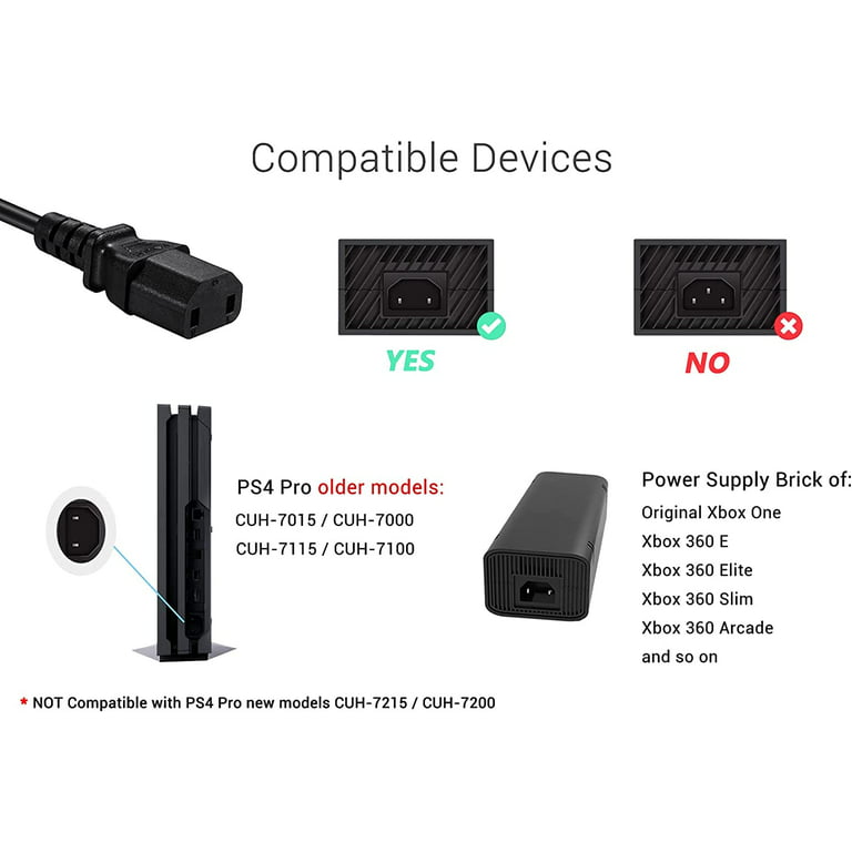 Power Cord Cable Compatible Sony Pro Console, Xbox Slim/Xbox One/Xbox 360 E Power Brick, 2 Prong - Walmart.com