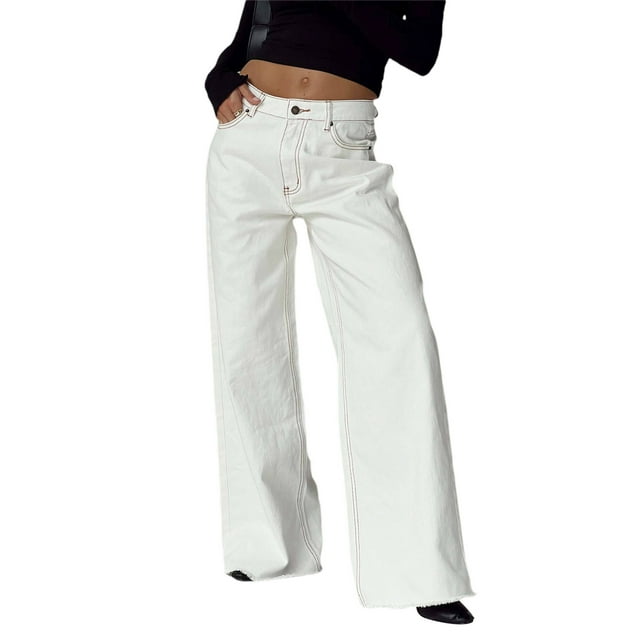 Lucakuins, pantalones vaqueros de pierna ancha para mujer, pantalones sueltos casuales elásticos de Color sólido para el trabajo, ropa de calle de oficina Lucakuins moda