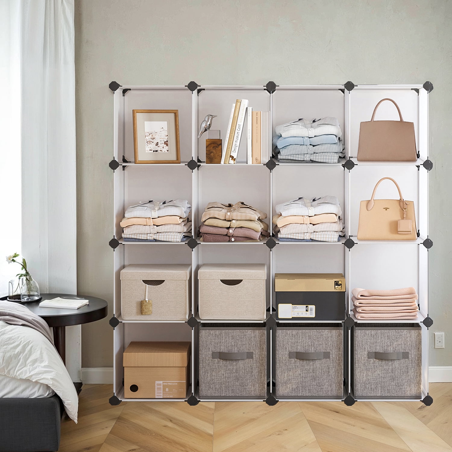 LEDREM 16-Cube Modular Storage Shelf - Heavy Duty Plastic & Metal Bookcase, Closet Organizer with Tool-Free Assembly, White