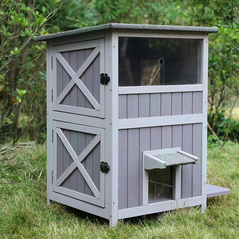 AIVITUVIN Outdoor Wooden Cat House with Big Escape Door Large Balcony and Two Removable Floors Walmart