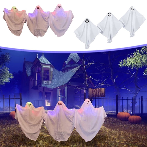Juego de decoración al aire libre con luz LED Halloween Ghost | Accesorios de estaca fantasma brillante de 3 piezas | Resistente a la intemperie | Fácil instalación del césped | Decoración de patio