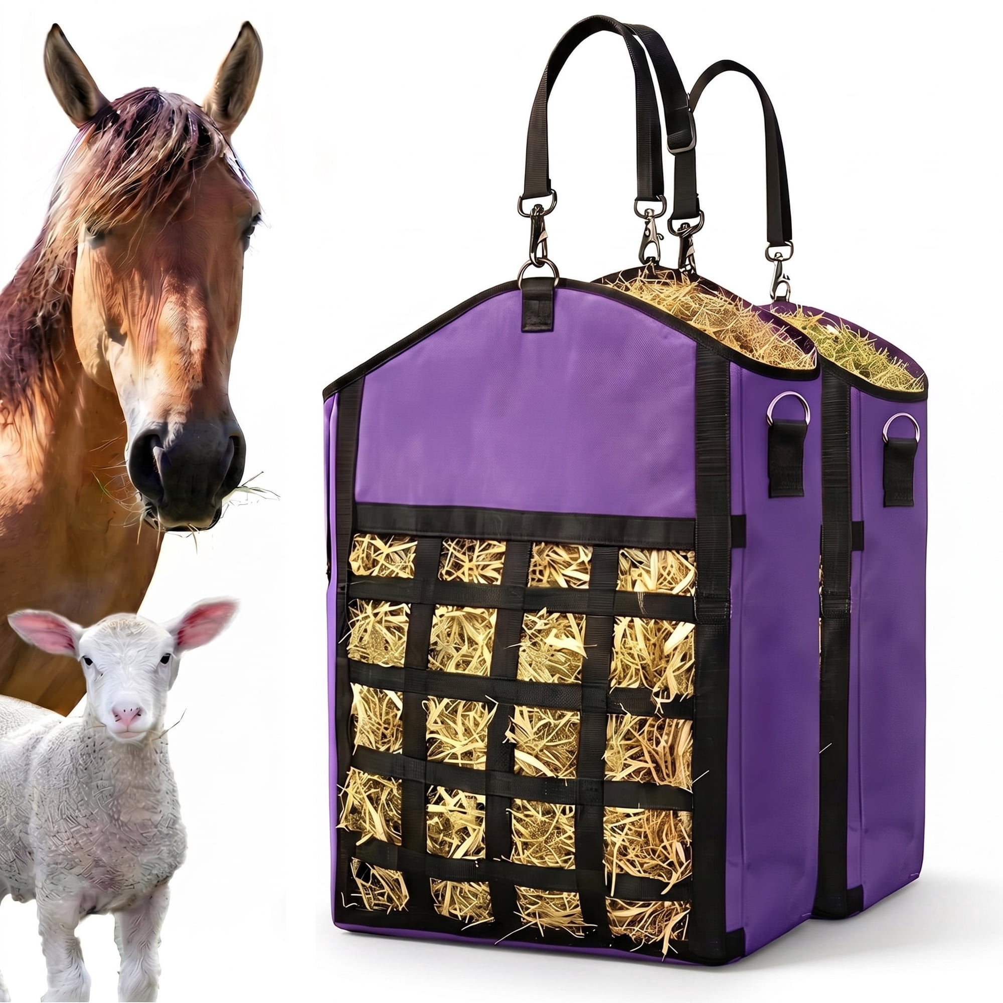 MQAAUP Ultra-Slow Feed Hay Bags for Horses, 2 Packs Horses Hay Bags with Net Front Design,Wide Opening for Easy Filling,Two Types of Hanging for Feeding Goats, Sheep and Donkeys