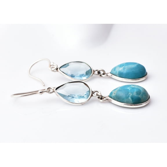 925 Sterling Silver Handmade Larimar & BT Gemstone Women Dangle Earrings For Festival Gift