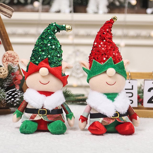 SUSUchens Muñeco de elfo navideño de peluche, adorno de gnomo sin rostro, sombrero de lentejuelas rojo/verde, muñeco elfo enano de orejas largas, adorno para el hogar, la cocina, la cafetería, el