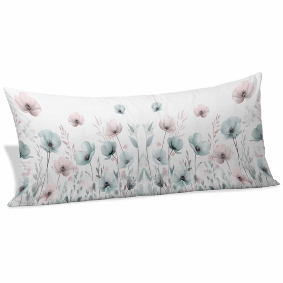 Teal Pink Spring Floral Body Pillow Covers 20"x54", Summer Botanical Watercolor Soft Brushed Microfiber Breathable Throw Pillow Covers, Pillowcase with Zipper for Couch Sofa Bedroom Living Room