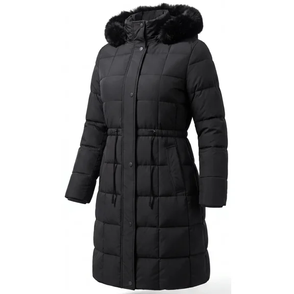 HVEOO Winter Coat Womens Long Length Lightweight Puffer Jacket Quilted Outerwear, Black XL