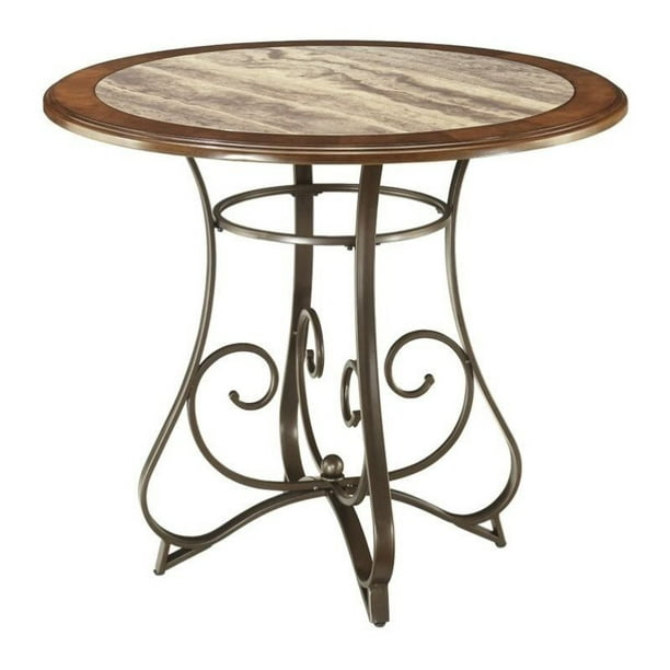 Ashley Hopstand Round Counter Height Faux Marble Dining Table In Brown