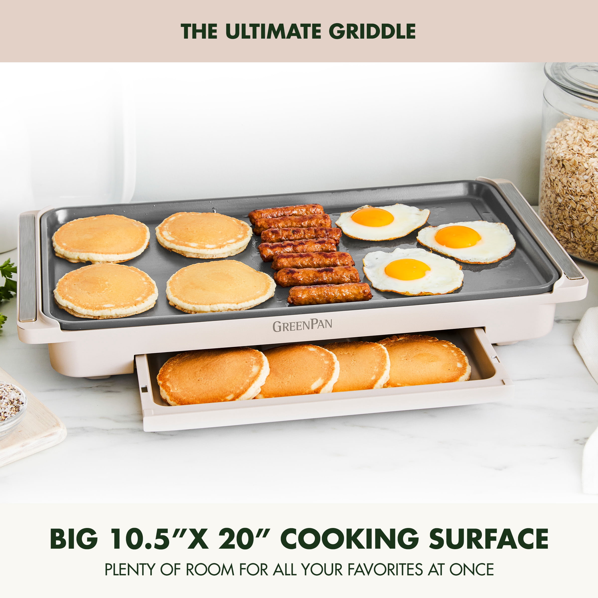 GreenPan Advanced 10.5”x 20” Electric Griddle with Warming Drawer, Healthy Ceramic Nonstick, Clay