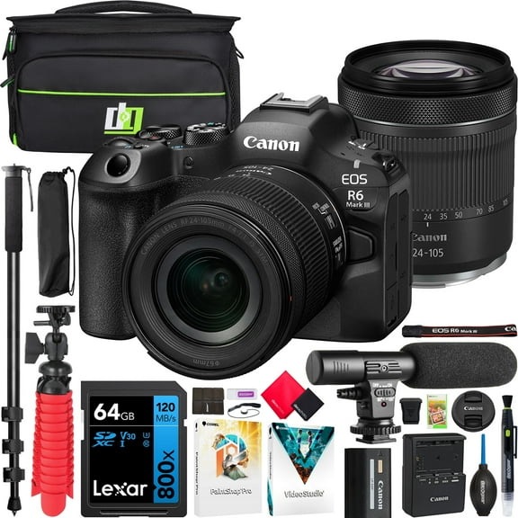 Canon EOS R6 Mark III Full Frame Mirrorless Camera with RF 24-105mm F4-7.1 IS STM Lens 7084C018 32.5MP | 40 FPS | 7K RAW Video | IBIS Bundle with Deco Gear Bag   Microphone   Monopod  Accessories Kit