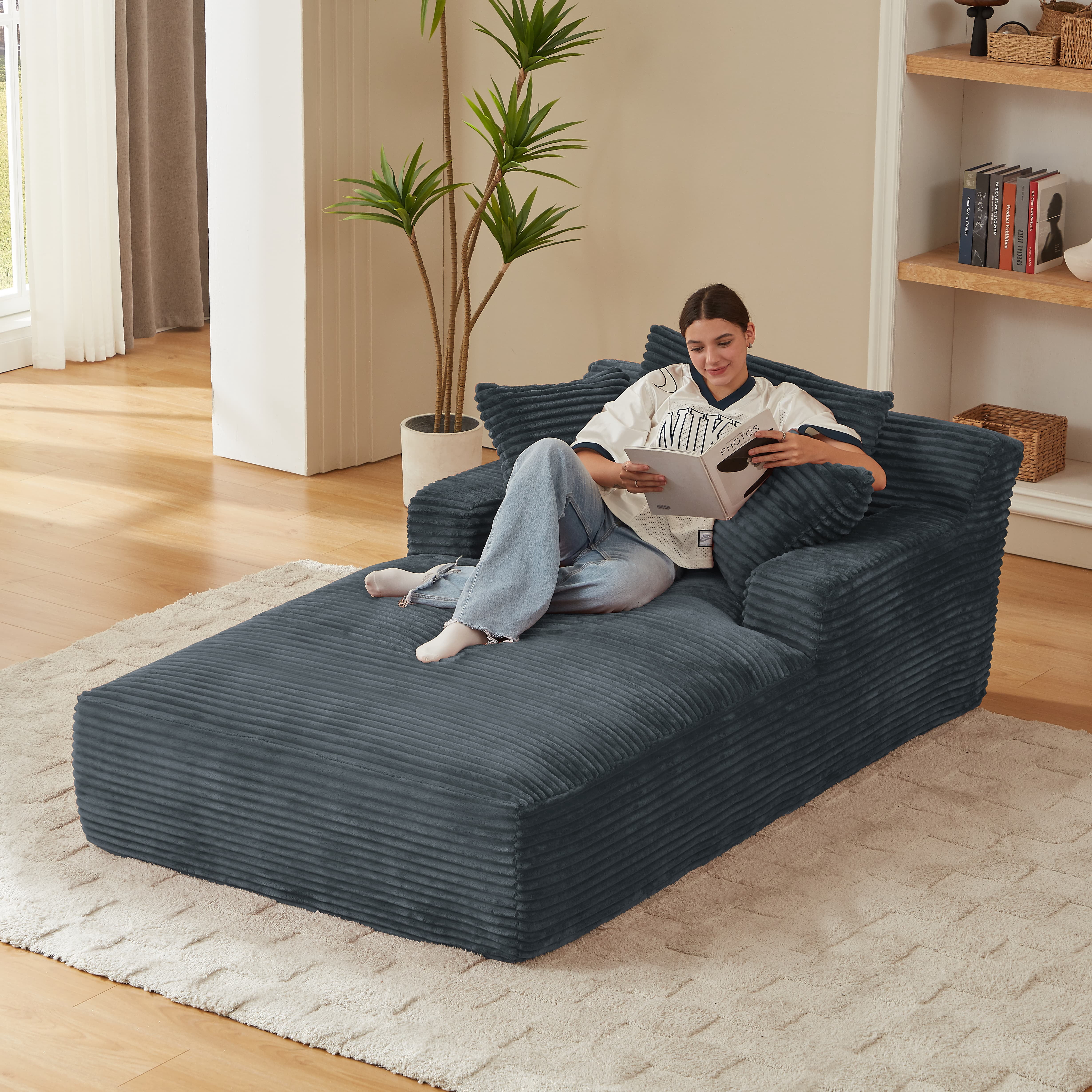 MAYEERTY Oversized Corduroy Chaise Lounge Sofa, Modern Couch with Spring Cushion for Apartment, 49*79*28"Dark Grey