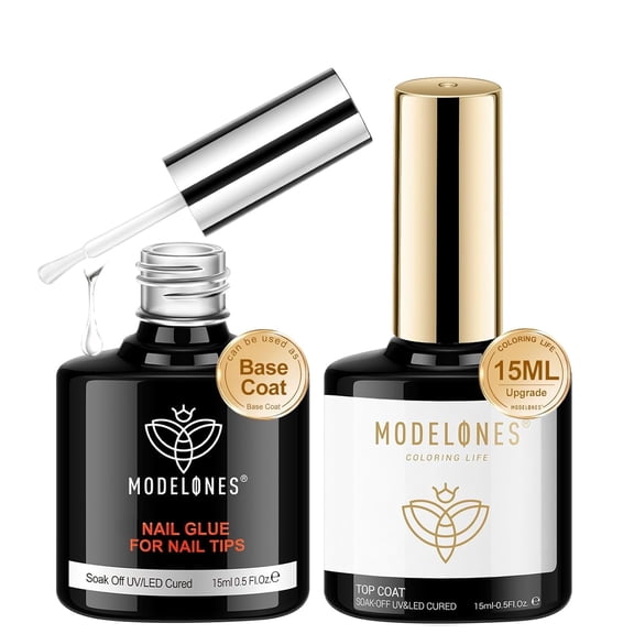 modelones Gel Nail Glue 9 in One Base Gel and No Wipe Top Coat Set 2Pcs for Gel Nail Polish Adhesive Nail Extension Gel Rhinestone Glue Nail Art LED Need 15ml