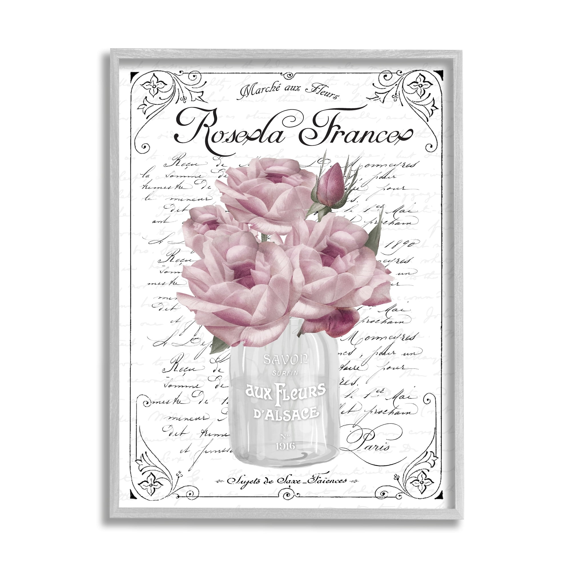 Stupell Industries Pink Roses Bouquet French Words Fancy Script Background Graphic Art Gray Framed Art Print Wall Art, Design by Lettered and Lined