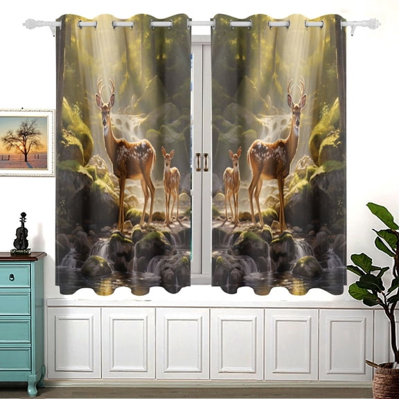 Deers Forest Trees Lake Curtain Black Out Thermal Insulation Curtains Aesthetic 54 Inch Length for Bedroom Living Room 2 panels set