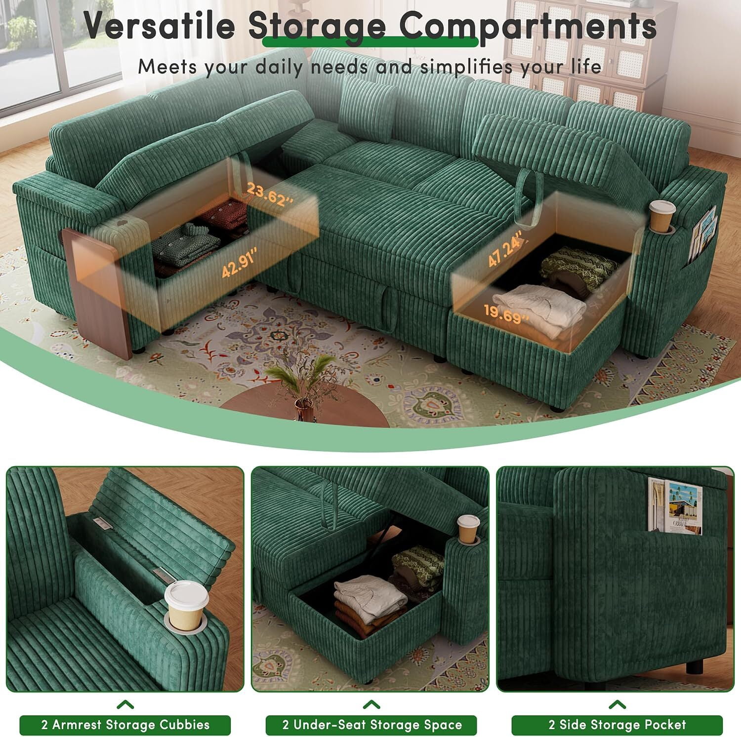 avobird 100'' Pull-out Sofa With USB ports, Table Board and Cup Holder, Comfortable Soft Cushioned Corduroy Fabric Sofa Bed, Extra-large U-shaped Combination Storage sofa bed, Green