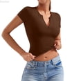 thumbnail image 5 of DuoJiaJ Womens Short Sleeve Top, V Neck Slim Fit Yoga Athletic Tee Brown S, 5 of 5