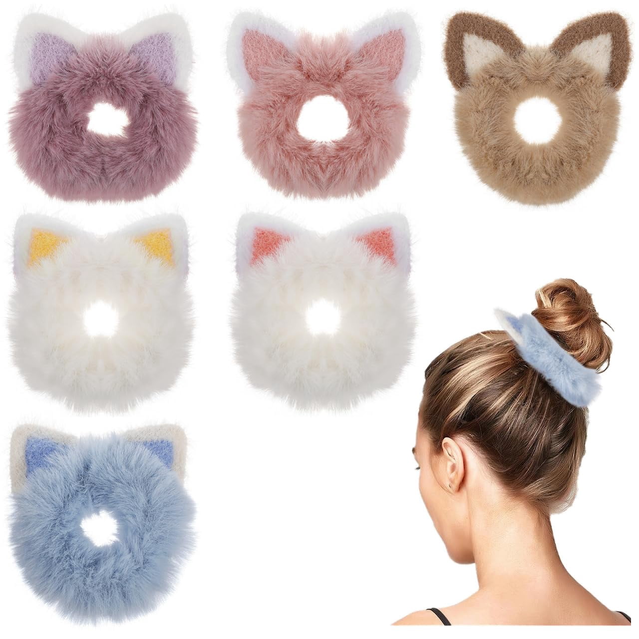 ABCISI 6pcs Cat Ear Hair Scrunchies - Fluffy Hair Ties for Girls, Cute Kawaii Elastic Ponytail Holders for Daily and Party Use, Hair Bands Elastic Plush Furry Hair Accessory, Mixed Color