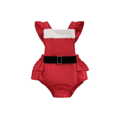 

Christmas Infant Baby Girl Romper Fly Sleeve Ruffle Plush Patchwork Loose Waistband Jumpsuit