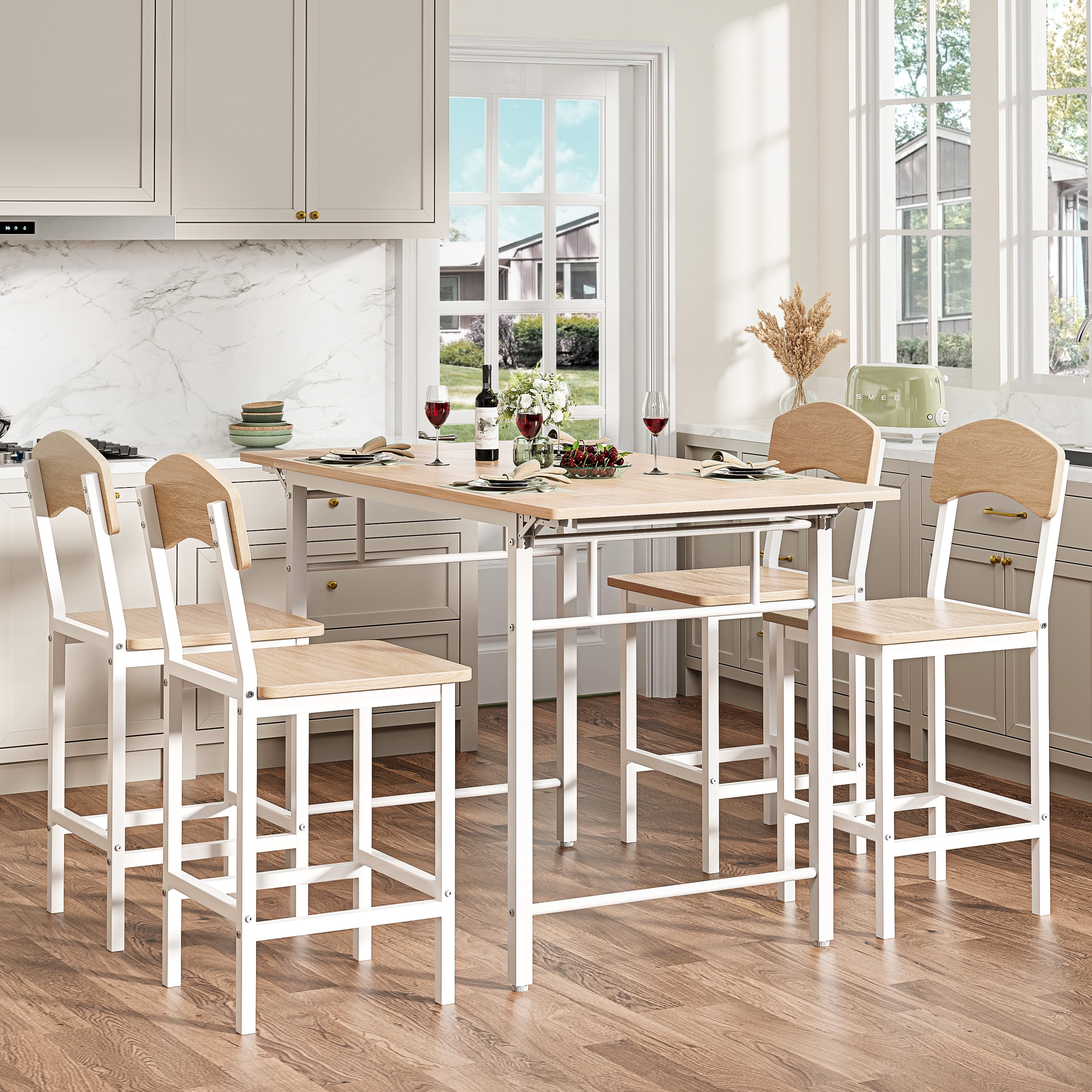 Dining Table Set for 4, PAPROOS 5 Piece Dining Set with Chairs, Counter Height Drop Leaf Dinner Table and 4 Stools for Kitchen Dining Room Breakfast Nook, Natural & White