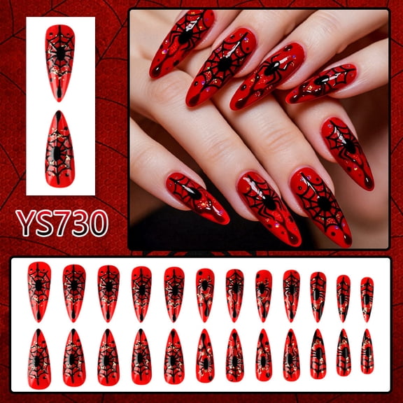 Rirozkan Press On Nails, Halloween Embossed Spider Goth Statement Fake Nail Set, Dark Sweet Cool Spooky Shaped for Women