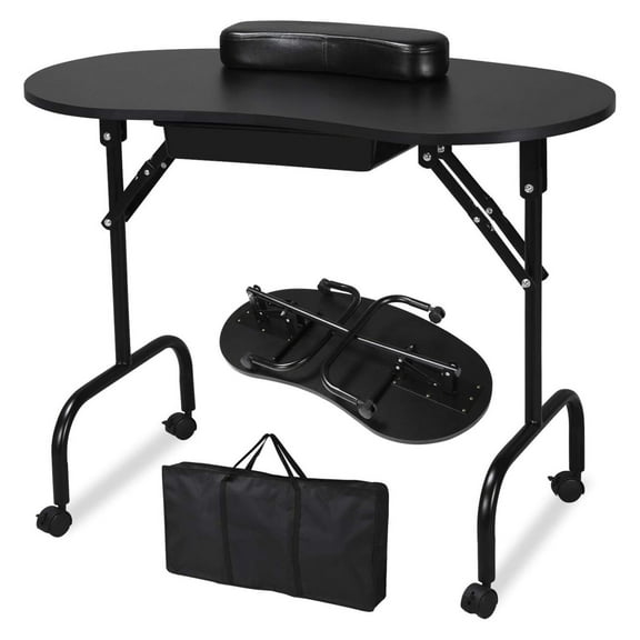 37-inch Portable & Foldable Manicure Table Nail Desk Workstation with Large Drawer/Client Wrist Pad/Controllable Wheels/Carrying Case for Spa Beauty Salon Black 1 Count (Pack of 1)
