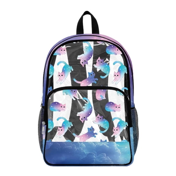 COEQINE Large Clear Backpack 17 Inch Transparent Bookbag for Women College, Heavy Duty PVC Polyester Backpack for Work Travel, Stylish Daypack for Concert Stadium, Galaxy Star Cat